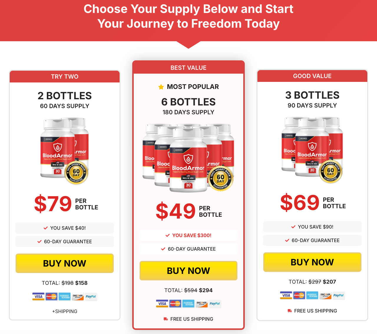Blood Armor 2, 6 and 3 bottle purchase options as supplied by merchant; verify current prices and terms